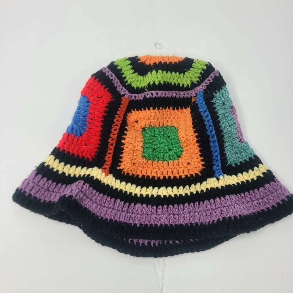 Handmade Crochet Granny Square Bucket Hat Multicolor Boho Festival Retro Style